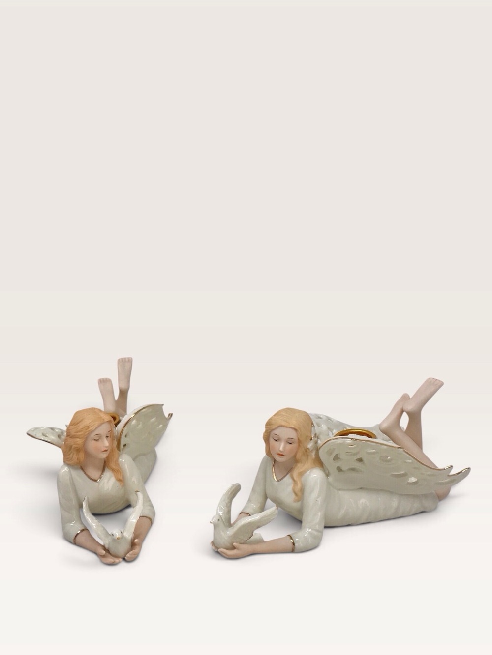 Dillards 2 Porcelain Angel & Dove Candle Holders White & Gold Trim Christmas
